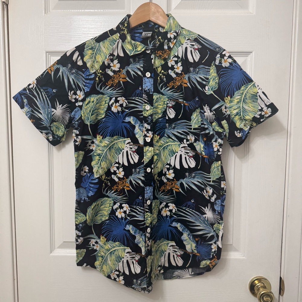 Disney Pixar A Bugs Life Black Button Down Collar Shirt Men Medium Floral Hawaii